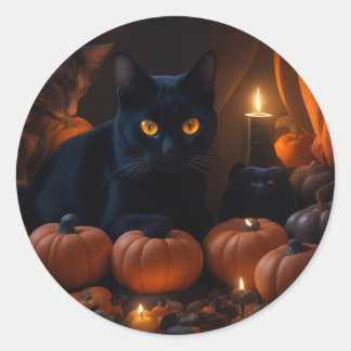 Black cat and pumpkin Halloween lovers  Classic Round Sticker