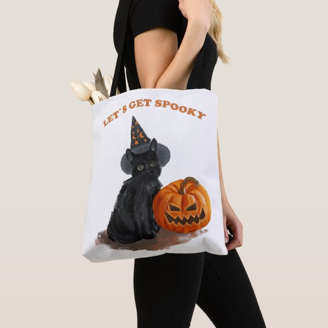 Black Cat and pumpkin Halloween Tote Bag (Close Up)