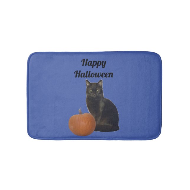 Black Cat and Pumpkin Happy Halloween Blue Bath Mat (Front)