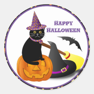 Black Cat and Pumpkin Happy Halloween Classic Round Sticker