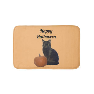 Black Cat and Pumpkin Happy Halloween Orange Bath Mat