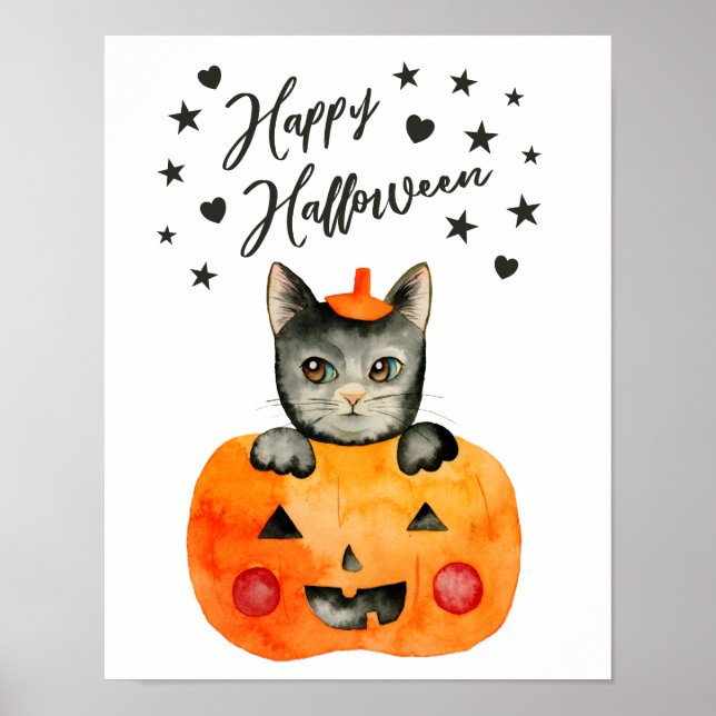 Black Cat and Pumpkin | Happy Halloween Poster (Front)
