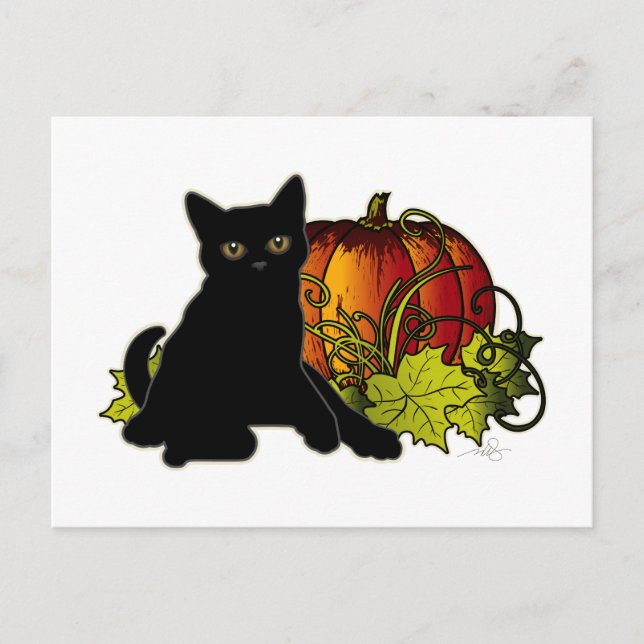Black Cat and Pumpkin Postcard (Front)