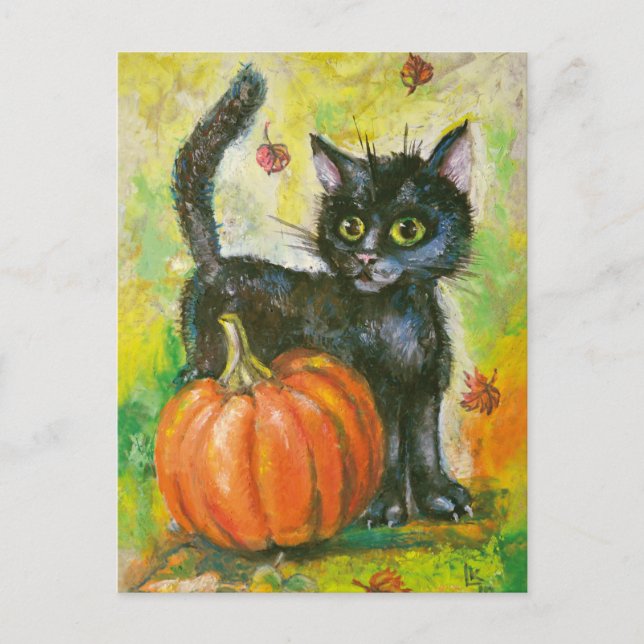 Black cat and pumpkin postcard (Front)