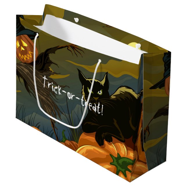 Black cat and pumpkin scarecrow large gift bag (Front Angled)