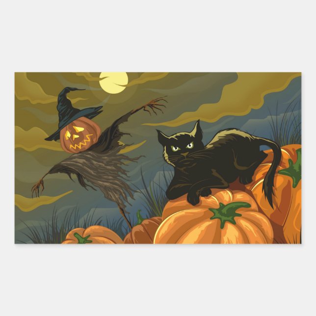 Black cat and pumpkin scarecrow rectangular sticker (Front)
