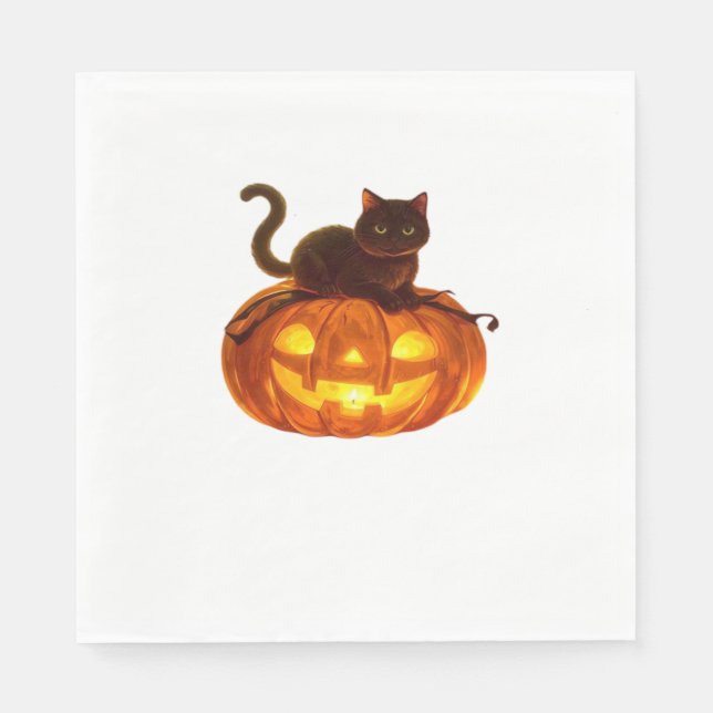 Black Cat and Pumpkin – Spooky Halloween Magic Cla Napkin (Front)