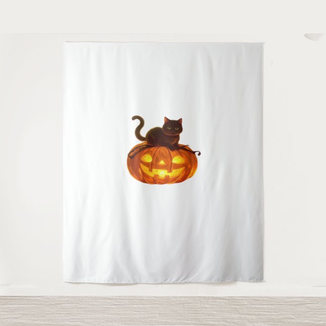 Black Cat and Pumpkin – Spooky Halloween Magic Cla Tapestry (Front)