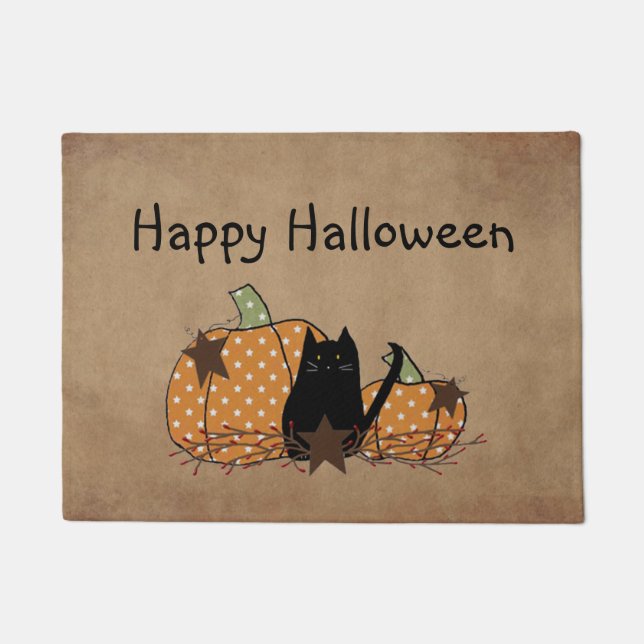 Black Cat And Pumpkins Door Mat (Front)