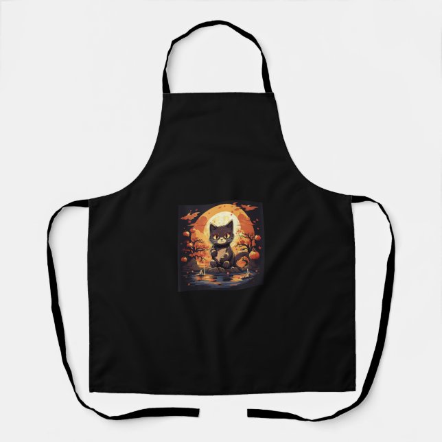 Black Cat and Pumpkins in Sakura Great Wave  Apron (Front)