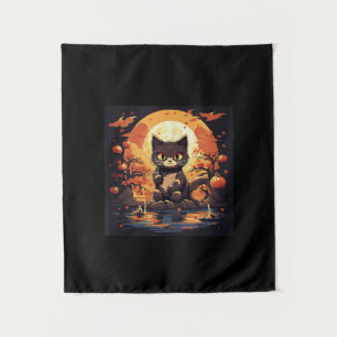 Black Cat and Pumpkins in Sakura Great Wave  Tapestry