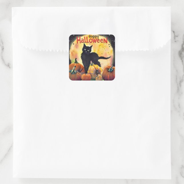 Black Cat and Pumpkins  Square Sticker (Bag)
