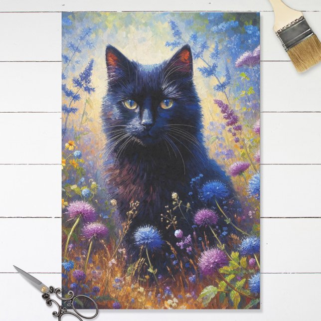 Black Cat and Purple Wildflowers Decoupage Tissue Paper (Creator Uploaded)