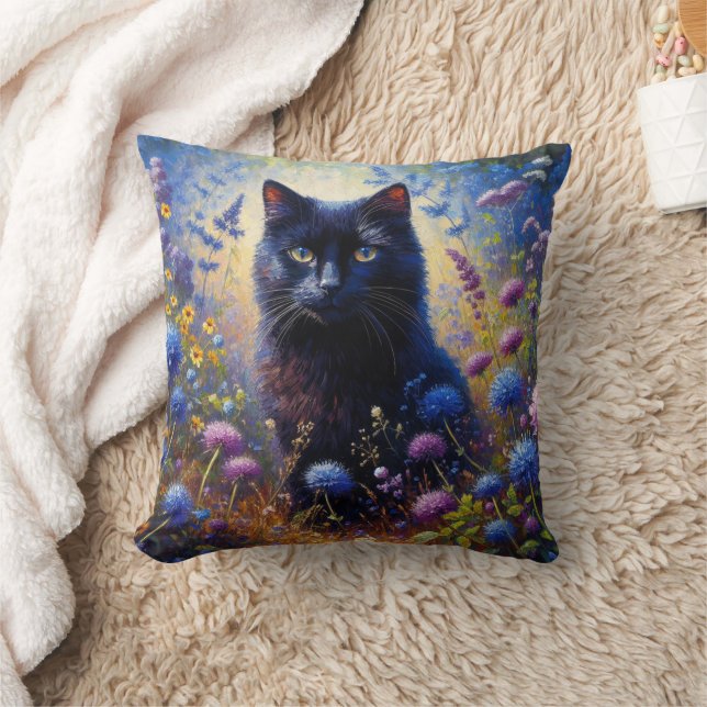 Black Cat and Purple Wildflowers Oil Painting Cushion (Blanket)
