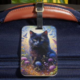Black Cat and Purple Wildflowers Oil Painting Luggage Tag