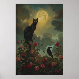 Black Cat and Raven with Roses Under Full Moon Poster