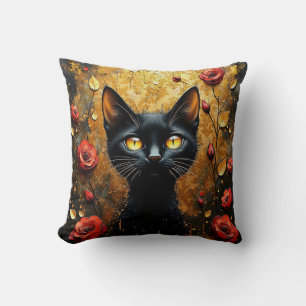 Black Cat and Roses Cushion
