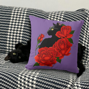 Black Cat and Roses Cushion