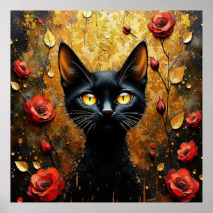 Black Cat and Roses Poster
