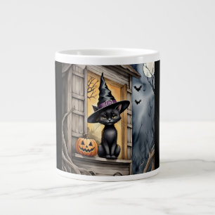 Black Cat and Scary Pumpkin ,Jack O' Lantern Large Coffee Mug