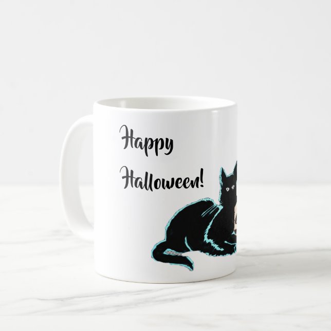 Black Cat and Skull Halloween Coffee Mug (Front Left)