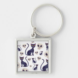 Black Cat and Skull Halloween Design Key Ring