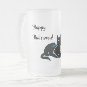 Black Cat and Skull Halloween Frosted Glass Beer Mug
