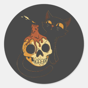 Black Cat And Skull In Vintage Style Classic Round Sticker