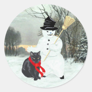 Black Cat and Snowman Classic Round Sticker