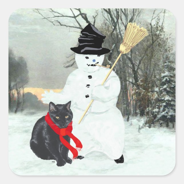 Black Cat and Snowman Square Sticker (Front)
