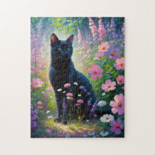 Black Cat and Spring Wildflowers Oil Painting Jigsaw Puzzle