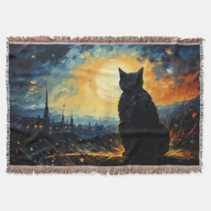 Black Cat and Starry Night Throw Blanket