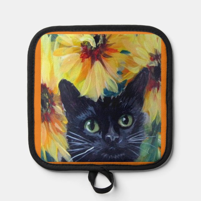 Black cat and sunflowers Oven Mitts & Pot Holders (Front)