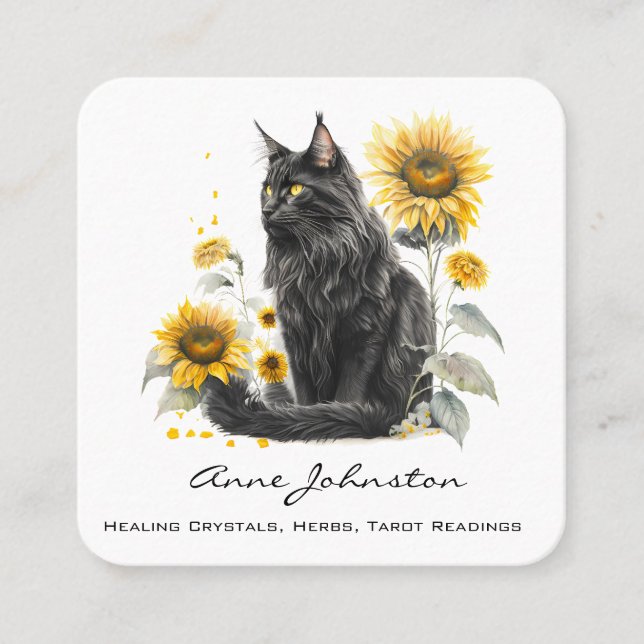 Black Cat and Sunflowers Square Business Card (Front)