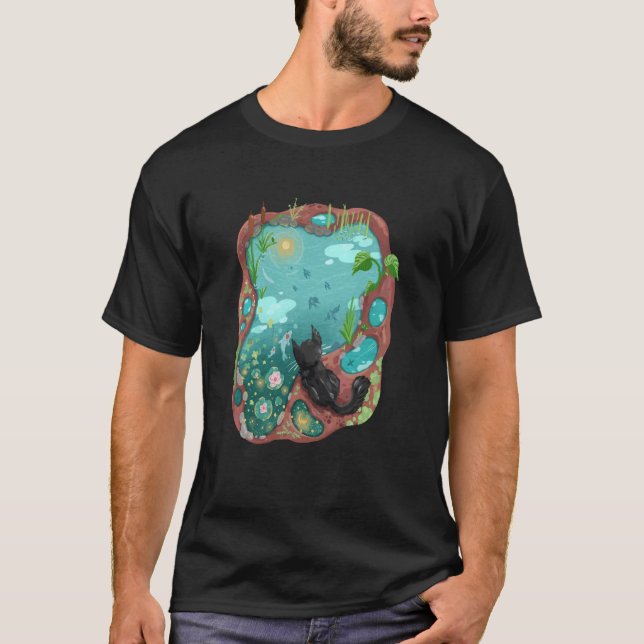 Black Cat and Surrealism Koi Pond Night Sky Water  T-Shirt (Front)