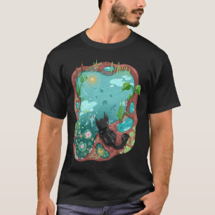 Black Cat and Surrealism Koi Pond Night Sky Water T-Shirt