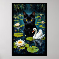 Black cat and swan in a pond filled with water