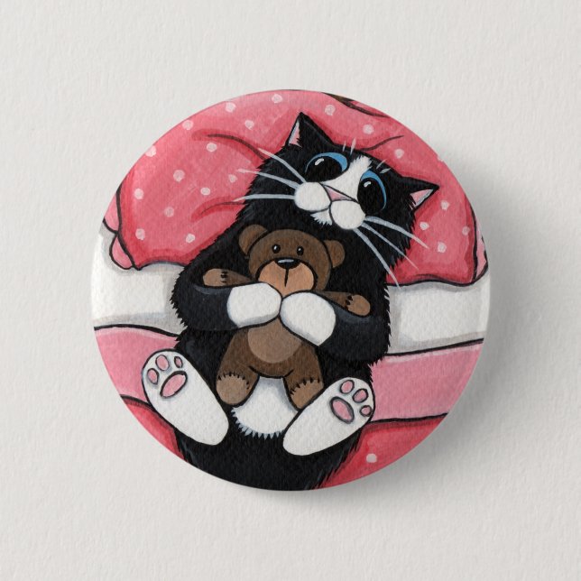 Black Cat and Teddy - Cat Art Button (Front)