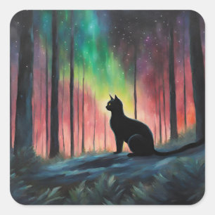 Black Cat and the Northern Lights Square Sticker