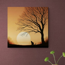 Black Cat and Tree Silhouette in the Sun Set  Canv