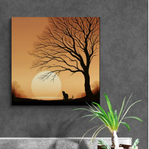 Black Cat and Tree Silhouette in the Sun Set