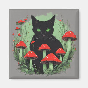 Black Cat and Wild Red Forest Mushrooms Magnet