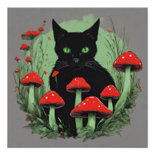 Black Cat and Wild Red Forest Mushrooms  Poster