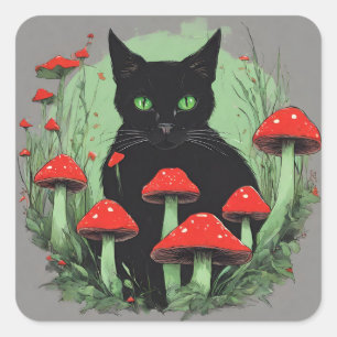Black Cat and Wild Red Forest Mushrooms  Square Sticker