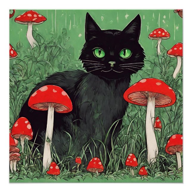 Black Cat and Wild Red Mushrooms Nature Poster (Front)