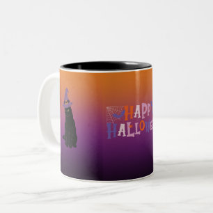 black cat and witch happy halloween Two-Tone coffee mug