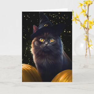 Black Cat and Witch Hat Pumpkins Happy Halloween Card