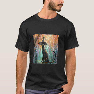 Black Cat and Witch Hat Spooky Cherry Blossom Art T-Shirt