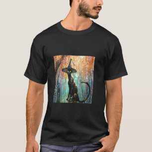 Black Cat and Witch Hat Spooky Cherry Blossom Art T-Shirt