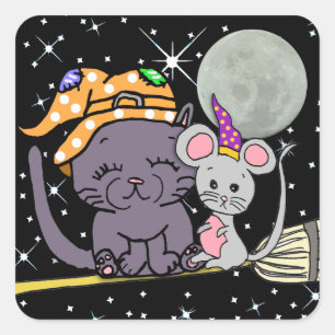 Black Cat and Witch Mouse on Broom Halloween Square Sticker